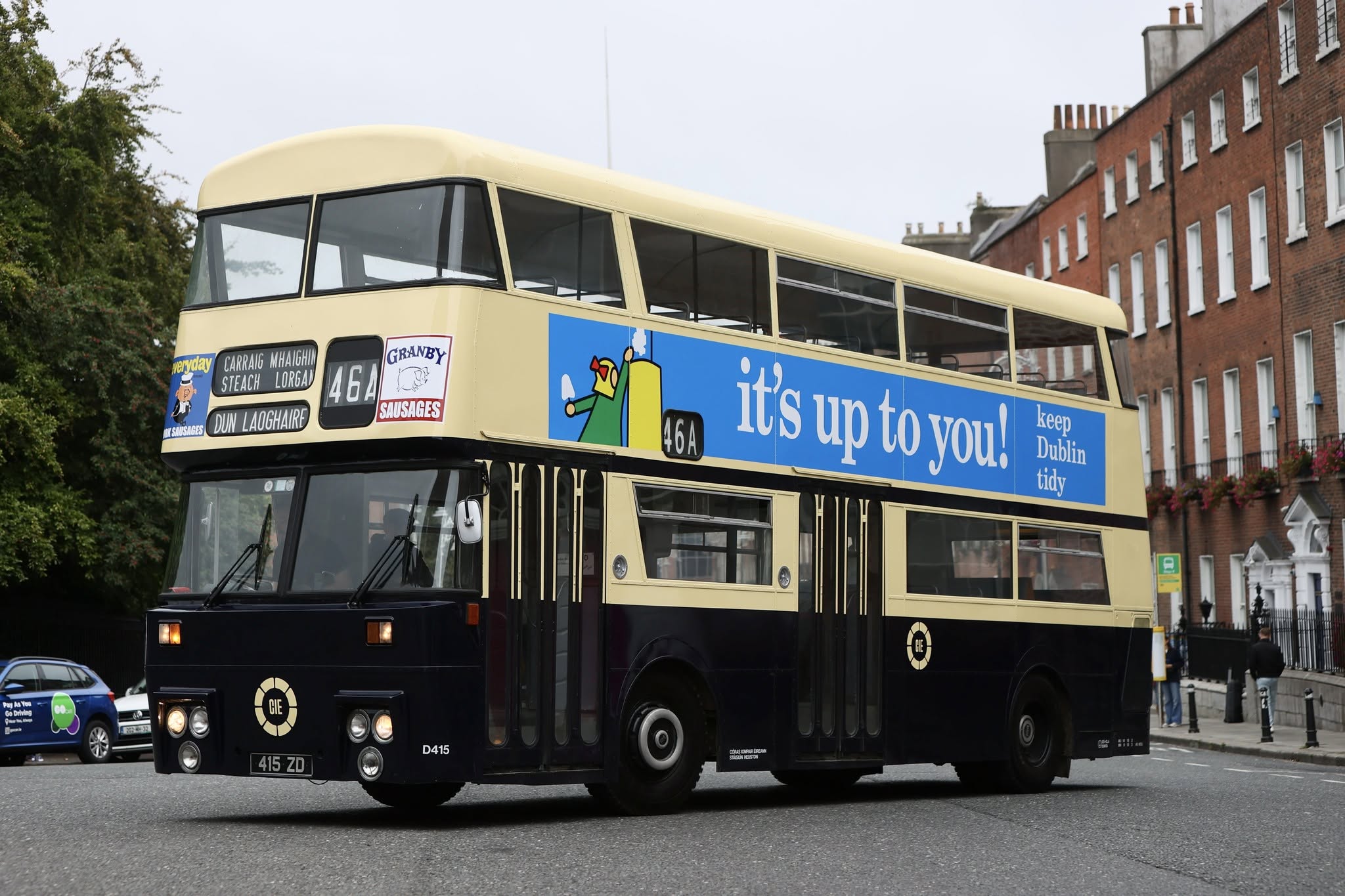 Navy and cream double-decker bus, registration 415 ZD, Findus Fish Fingers advertising livery